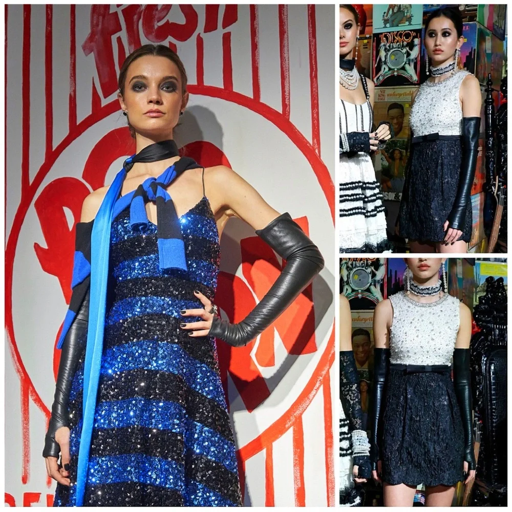 Alice + Olivia Vegan Leather Black Long Opera Dress Gloves